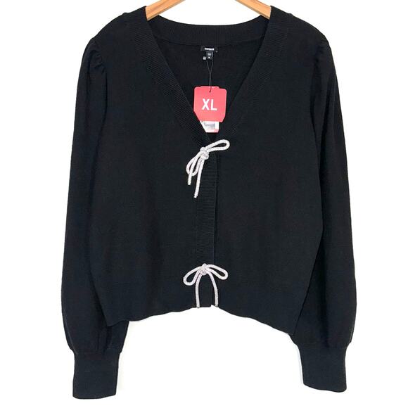 NWT Express Black Viral Influencer Favorite Rhinestone Bow Cardigan Size XL - Picture 2 of 15